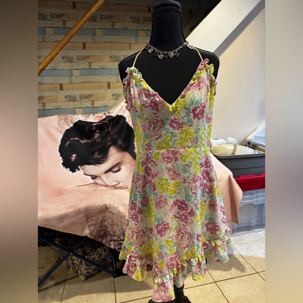 MAJORELLE Pink & Yellow Floral Ruffle Slip Dress